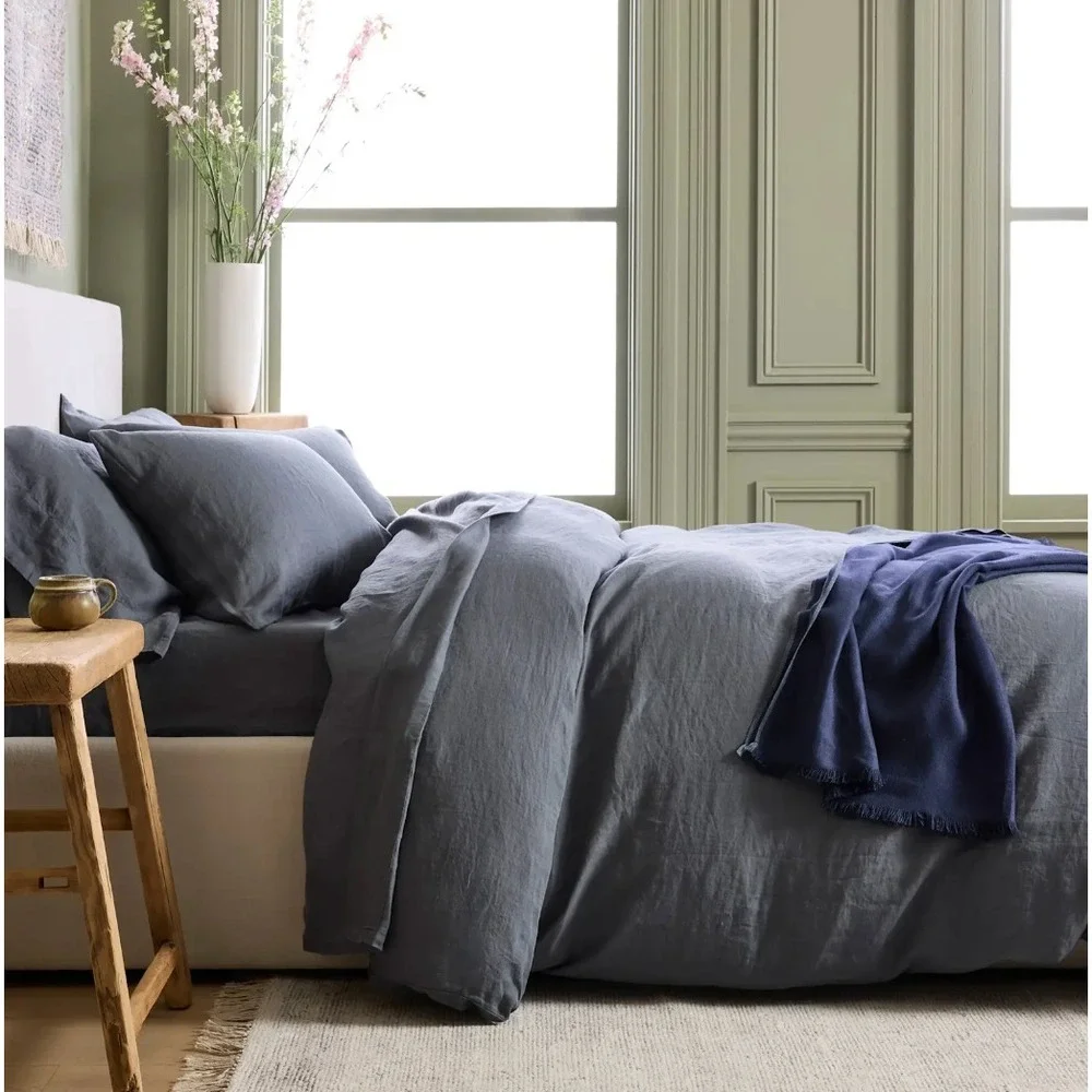 Quince European Linen Duvet Cover Set w/ 1 Sham Twin Size Night Fall Blue
